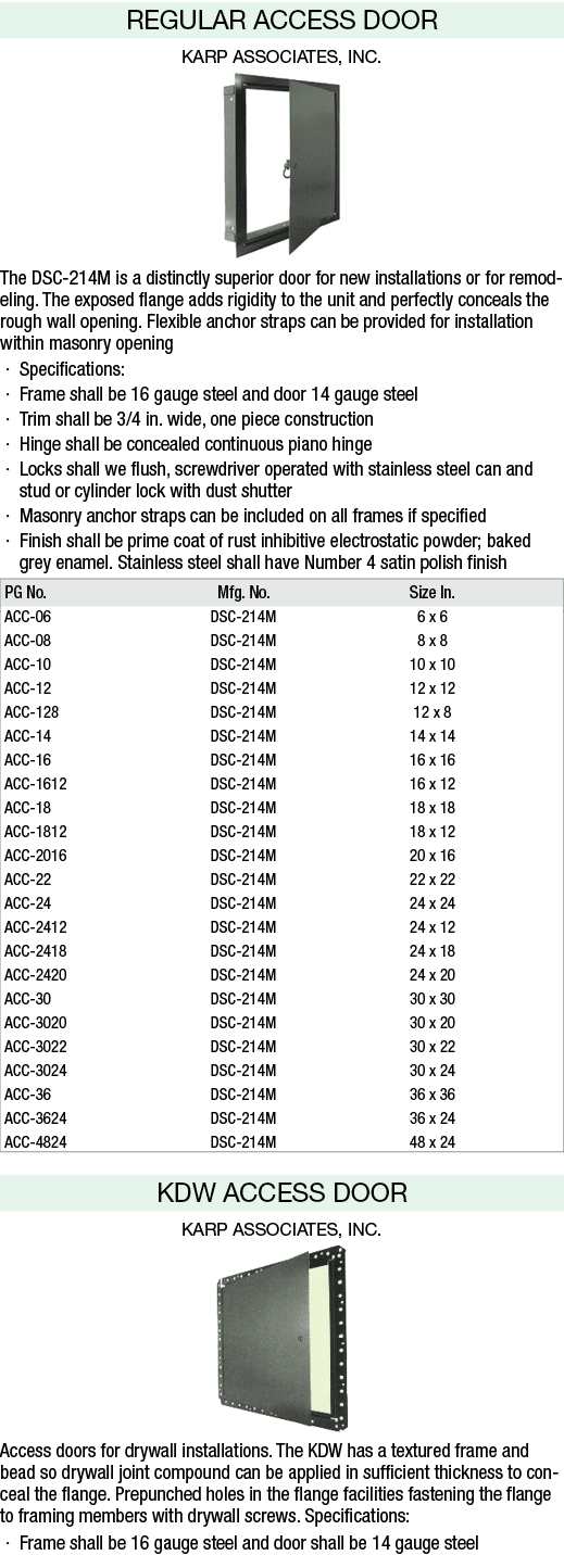 REGULAR ACCESS DOOR KARP ASSOCIATES, INC. ￼ The DSC 214M is a distinctly superior door for new installations or for ...