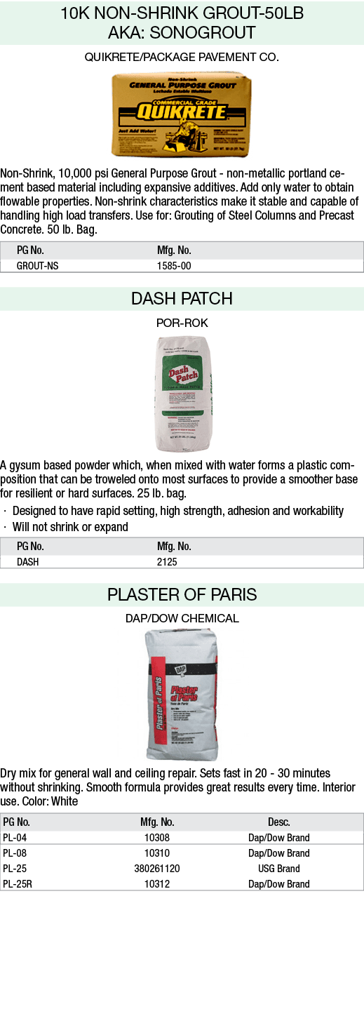 10K NON SHRINK GROUT 50LB AKA: SONOGROUT QUIKRETE/PACKAGE PAVEMENT CO. ￼ Non Shrink, 10,000 psi General Purpose Grou...